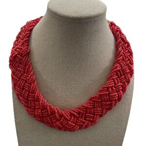 Vintage Red Color Seed Bead Multi strain Braid Beaded Collar Choker Necklace 17”